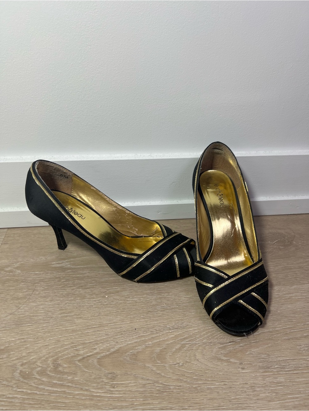 Le Chateau Y2K Chic Black and Gold Peep-Toe Heels - WELL WORN